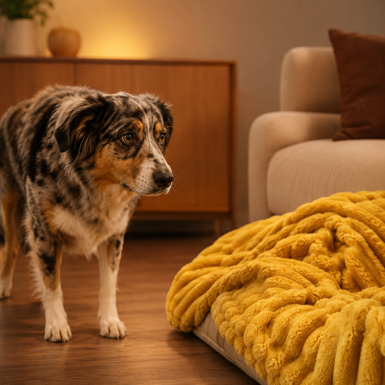 Dog finding its safe place with the Dog Is King blanket