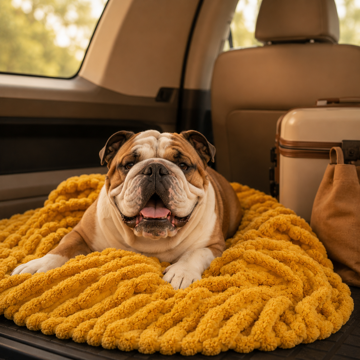 Dog calm in car with blanket — portable comfort for travel