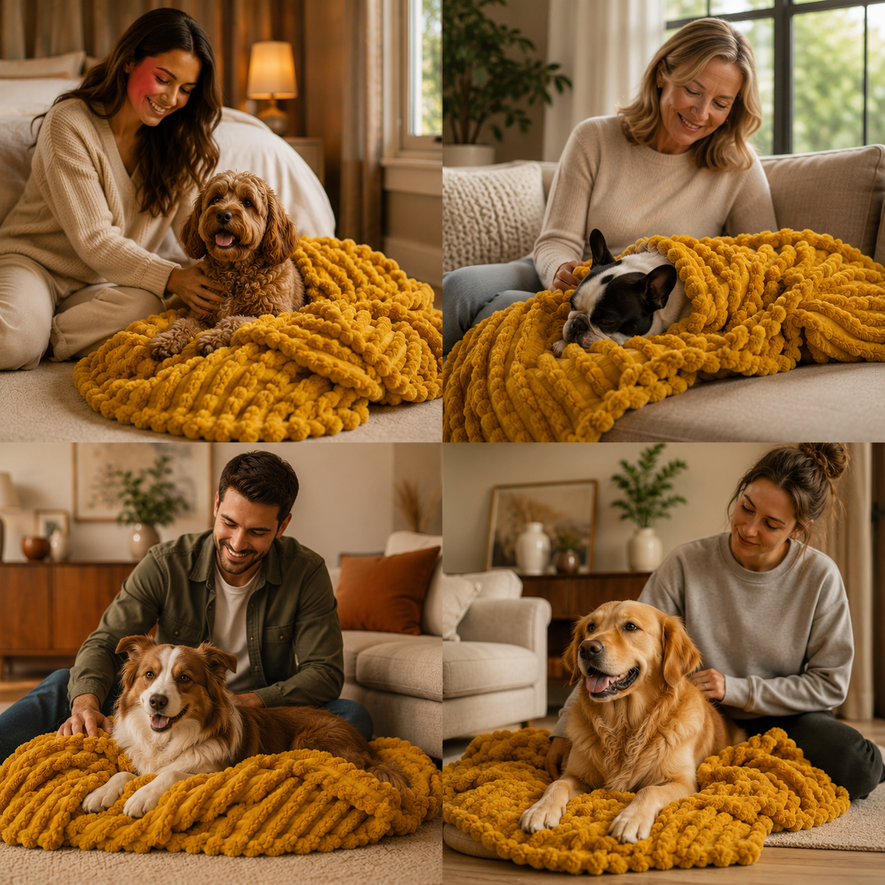 Dog owners bonding with dogs on blanket — trusted by dog owners everywhere