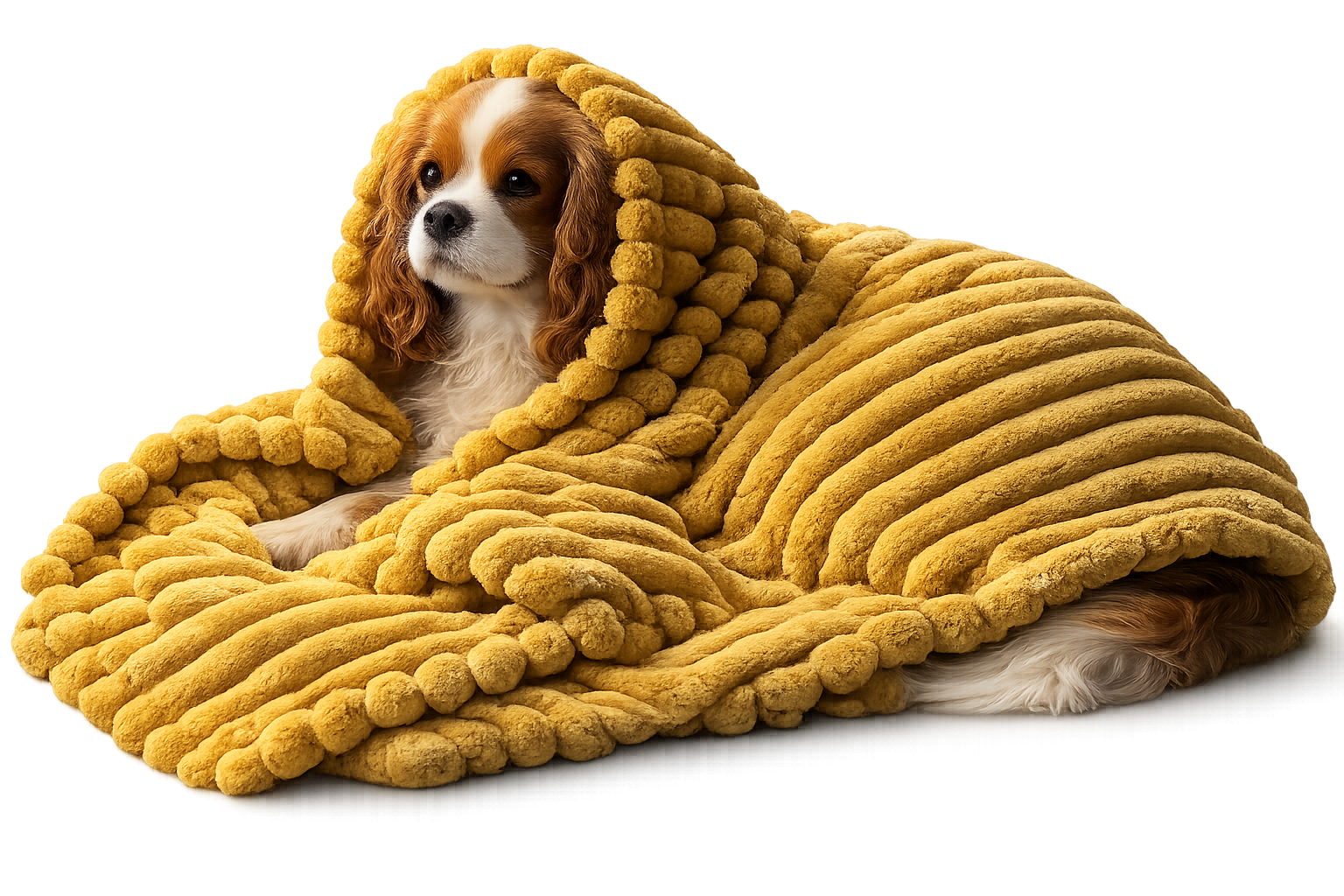 Cavalier King Charles Spaniel wrapped in the Dog Is King golden comfort blanket
